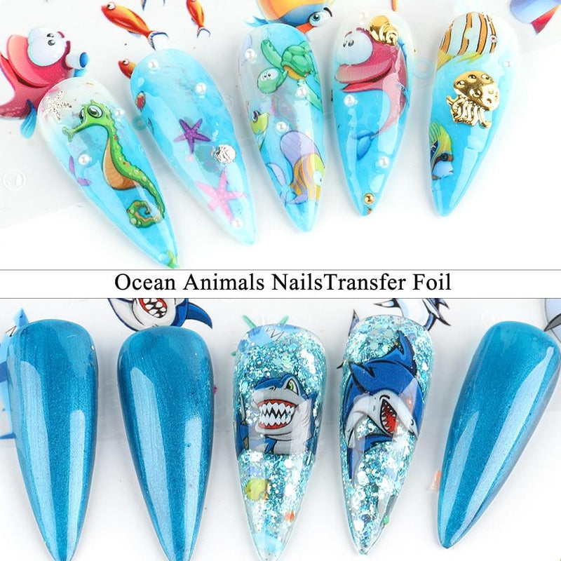 10 Pcs Ocean Animals Holographic Nail Foil Set Tropical Fish Shark Cute Designs Nail Art Transfer Sticker Decals Wraps CHSW7015|Stickers & Decals