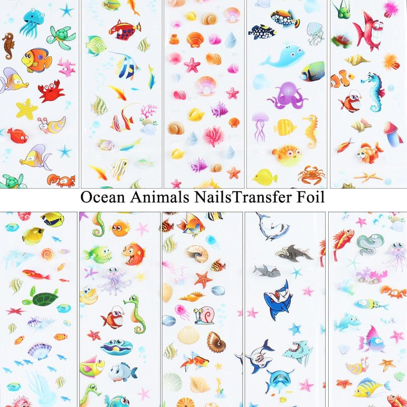 10 Pcs Ocean Animals Holographic Nail Foil Set Tropical Fish Shark Cute Designs Nail Art Transfer Sticker Decals Wraps CHSW7015|Stickers & Decals