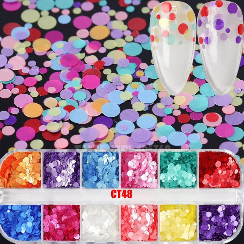 12 Grids/Box Mix Sizes Dreamlike Rainbow Round Holo Circle Sequins Nail Glitter Paillette Nail Art Slice Sequins Decals Set|Rhinestones & Decorations