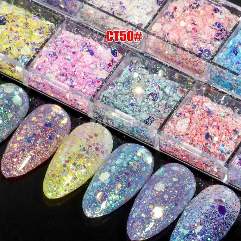 12 Grids/Box Mix Starr Hexagon Sequins Nail Glitter Holographic Laser Paillette Nail Art Slice Decoration Manicure Tips CT|Rhinestones & Decorations