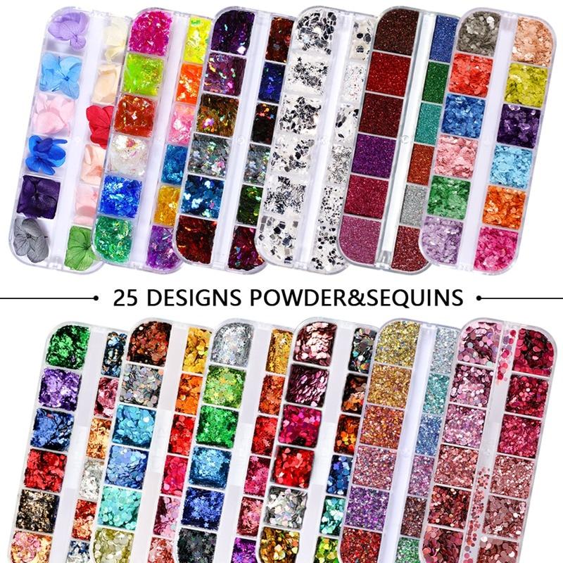 12 Grids/Set Combined Glitter Holographic Sequins Sugar Marble Powder Dried Flower Mylar Foil Shell Nail Art Decoration DIY CT