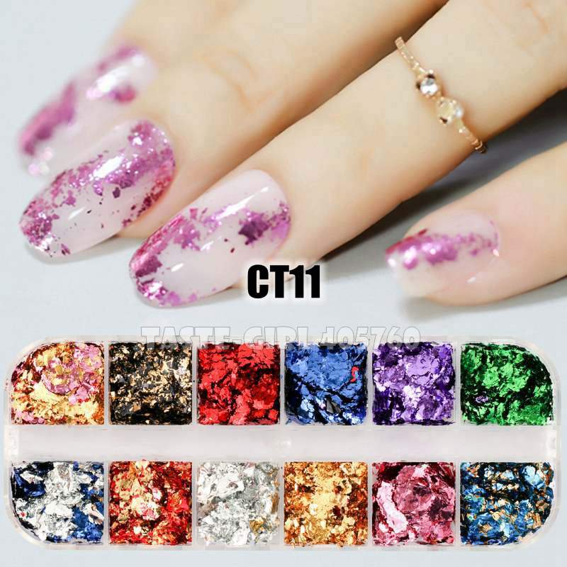 12 Grids/Set Combined Glitter Holographic Sequins Sugar Marble Powder Dried Flower Mylar Foil Shell Nail Art Decoration DIY CT