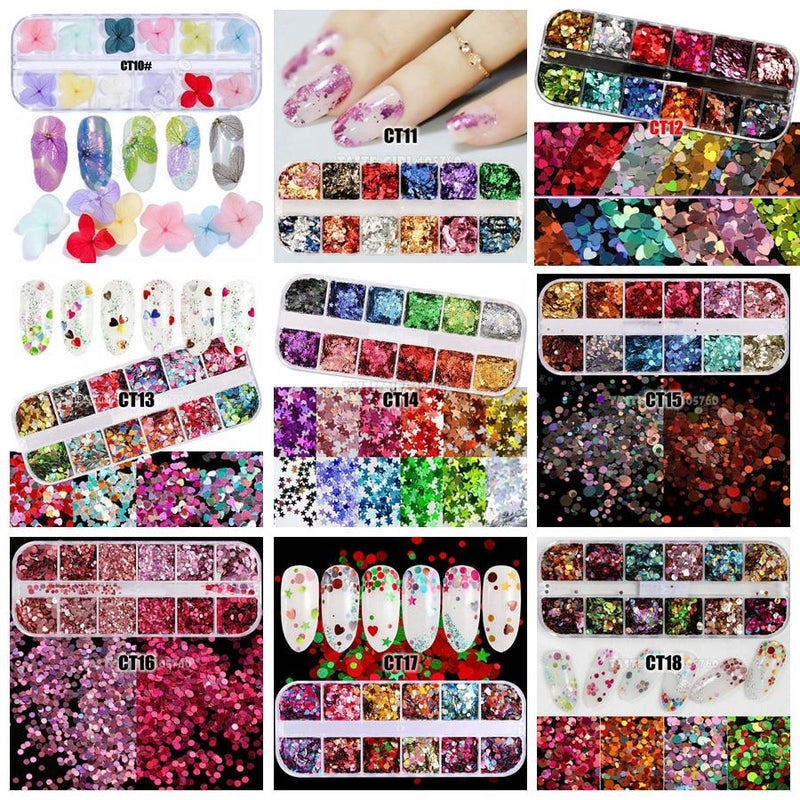 12 Grids/Set Combined Glitter Holographic Sequins Sugar Marble Powder Dried Flower Mylar Foil Shell Nail Art Decoration DIY CT