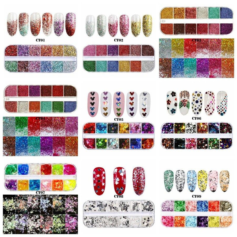 12 Grids/Set Combined Glitter Holographic Sequins Sugar Marble Powder Dried Flower Mylar Foil Shell Nail Art Decoration DIY CT