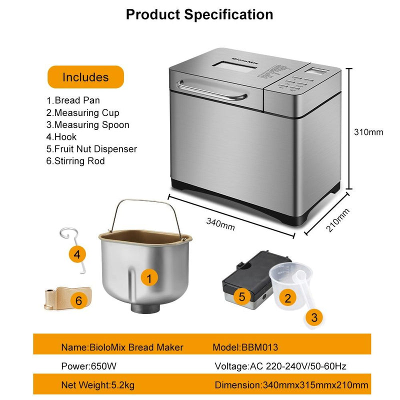 Biolomix Stainless Steel 1KG 17 in 1 Automatic Bread Maker 650W Programmable Bread Machine with 3 Loaf Sizes Fruit Nut Dispenser|Bread Makers