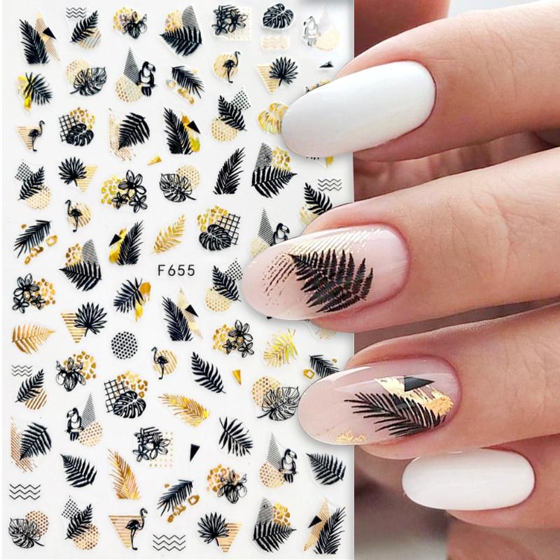 1pcs Black Laser Gold Autumn Leaf 3D Nail Sticker Coconut Tree Leaf Pattern Adhesive Transfer Sticker Shiny DIY Nail Decoration|Stickers & Decals