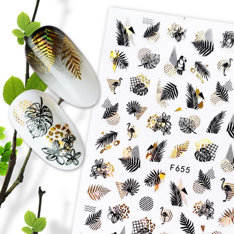 1pcs Black Laser Gold Autumn Leaf 3D Nail Sticker Coconut Tree Leaf Pattern Adhesive Transfer Sticker Shiny DIY Nail Decoration|Stickers & Decals