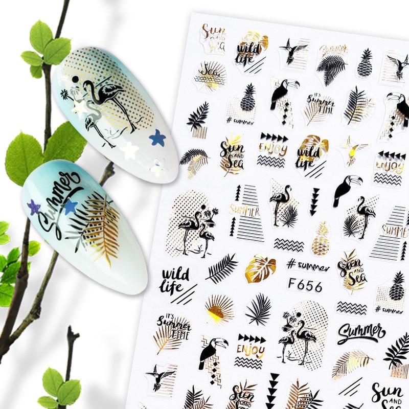 1pcs Black Laser Gold Autumn Leaf 3D Nail Sticker Coconut Tree Leaf Pattern Adhesive Transfer Sticker Shiny DIY Nail Decoration|Stickers & Decals