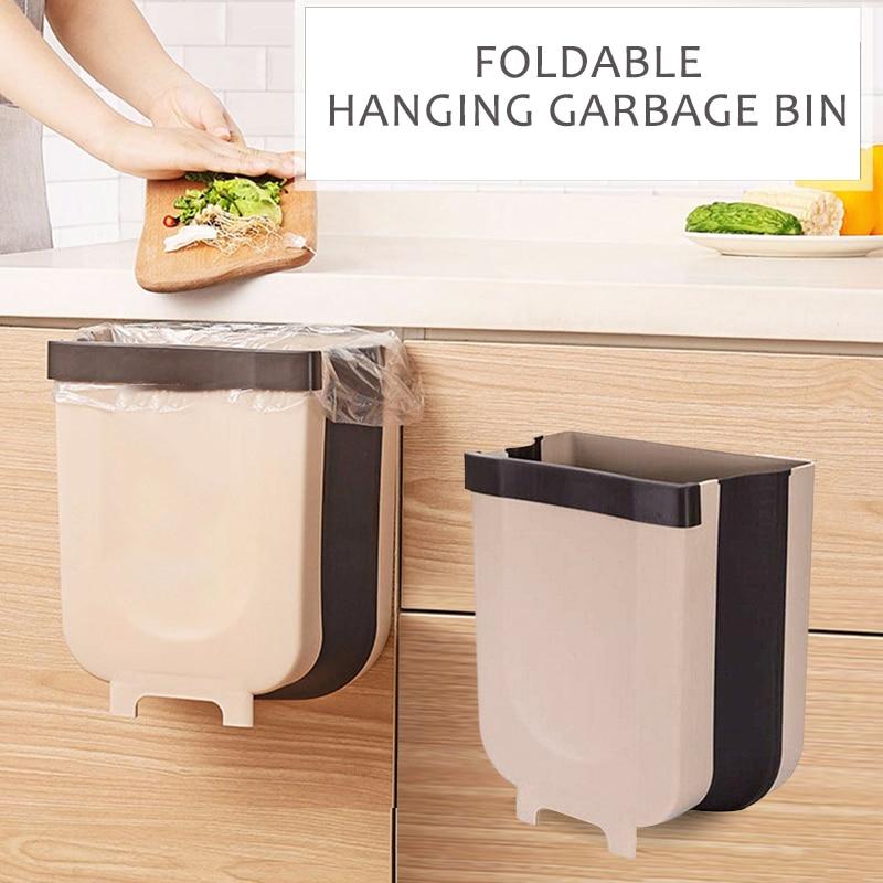 5L 9L Wall Mounted Folding Waste Bin Kitchen Cabinet Door Hanging Trash Bin Garbage Car Trash Can Wall Mounted Foldable Cleaning|Waste Bins