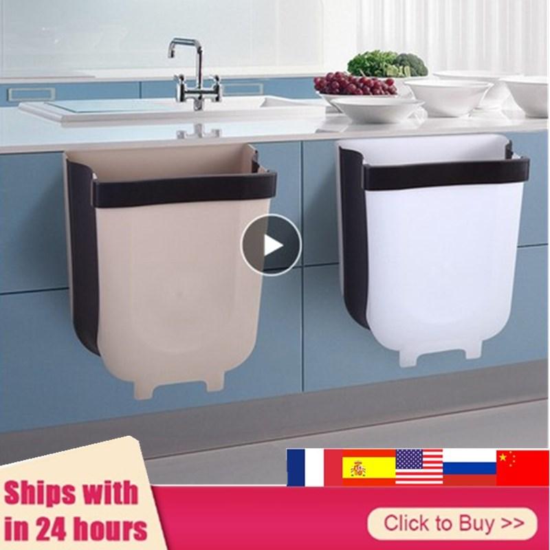 5L 9L Wall Mounted Folding Waste Bin Kitchen Cabinet Door Hanging Trash Bin Garbage Car Trash Can Wall Mounted Foldable Cleaning|Waste Bins