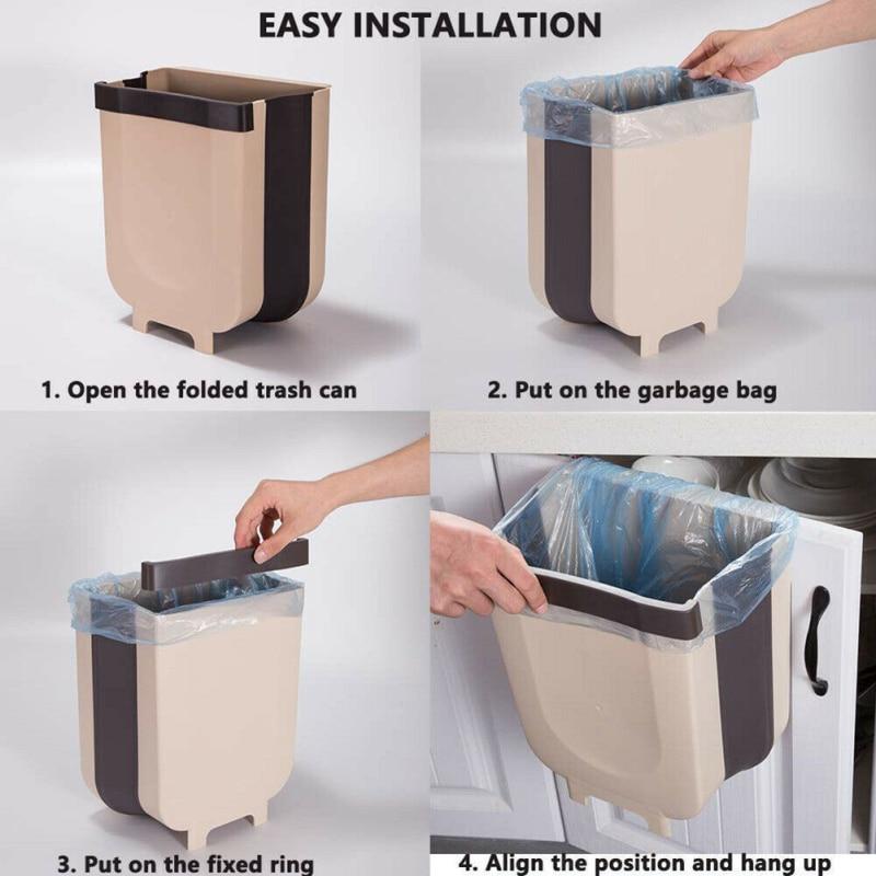 5L 9L Wall Mounted Folding Waste Bin Kitchen Cabinet Door Hanging Trash Bin Garbage Car Trash Can Wall Mounted Foldable Cleaning|Waste Bins