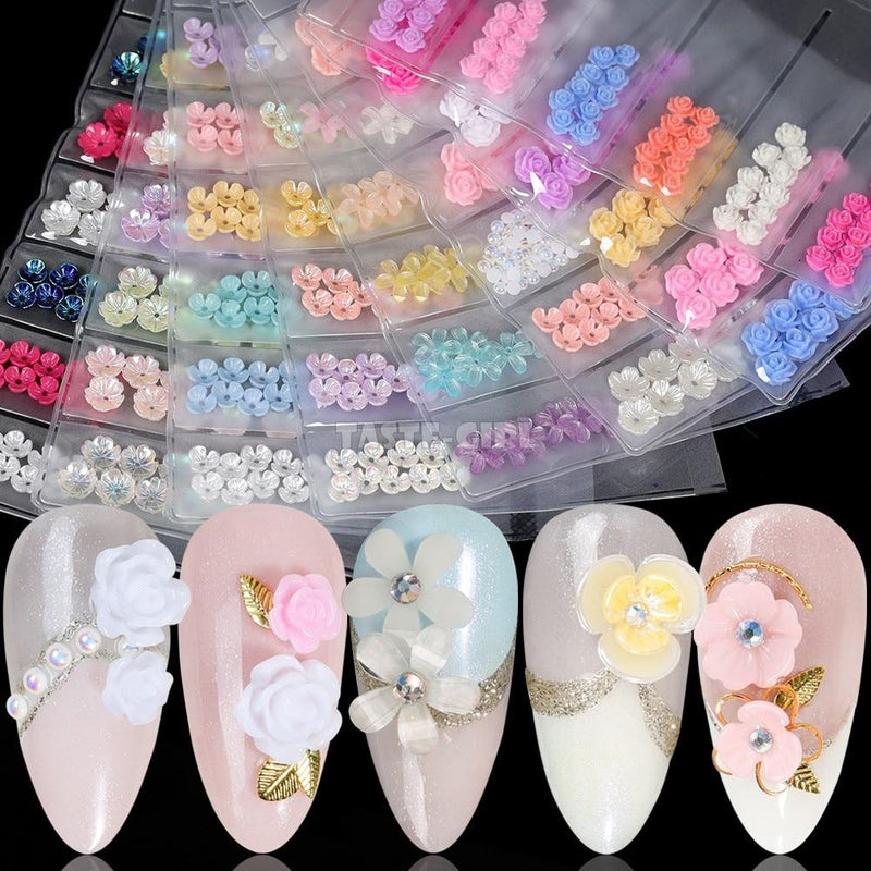 6Grids/Pack 3D Rose Various Petal Resin Glazed Flowers Pearl Arylic Nail Art Rhinestone Gems Decorations Manicure DIY Tips GZH