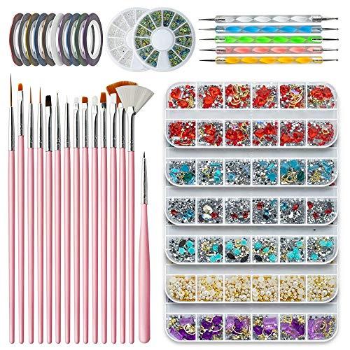 Artdone 6 boxes nail Rhinestones Nail Crystal gems Bling Jewelry Nail Art Tool with 15pcs Nail Painting Brushes, Nail Dotting Tool, Manicure Tape Color Rhinestones for Nails