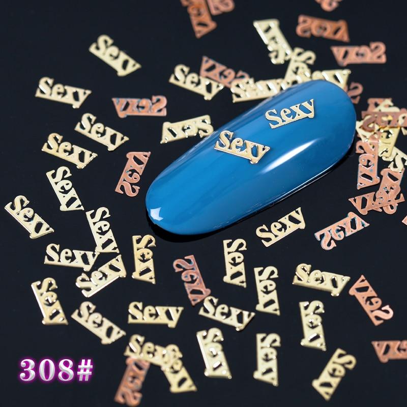 800PCS/Pack Gold Brone Letter Bitch SEXY DAMN ETC. Metallic Nail Sequins Brone Back Nail Art Slice Decoration Manicure DIY Tips|Rhinestones & Decorations