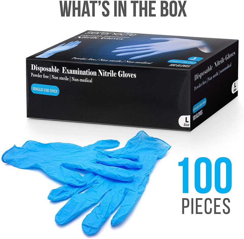 100 Pcs Nitrile Disposable Gloves - Soft Industrial Gloves, Nitrile and Vinyl Blend Gloves Powder-Free, Latex-Free Protective Gloves, Soft and Comfortable, Size Large - SereneLife SLGLVNIT100LG