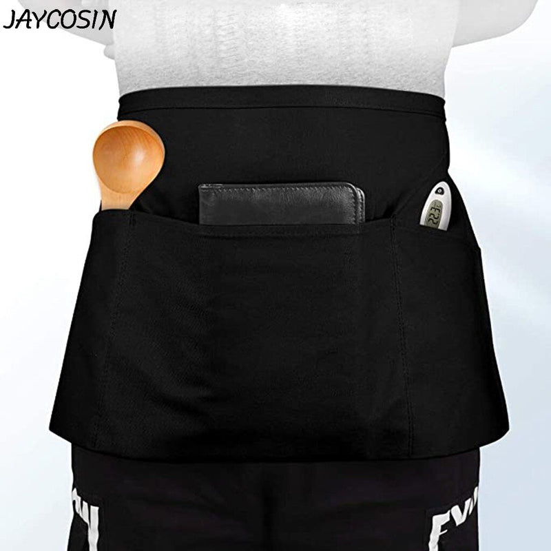 Adult Waterproof Apron 3 Pockets Waterdrop Resistant Waiters Waitress Black Waist Half Apron Chef Apron Kitchen Accessories|Aprons