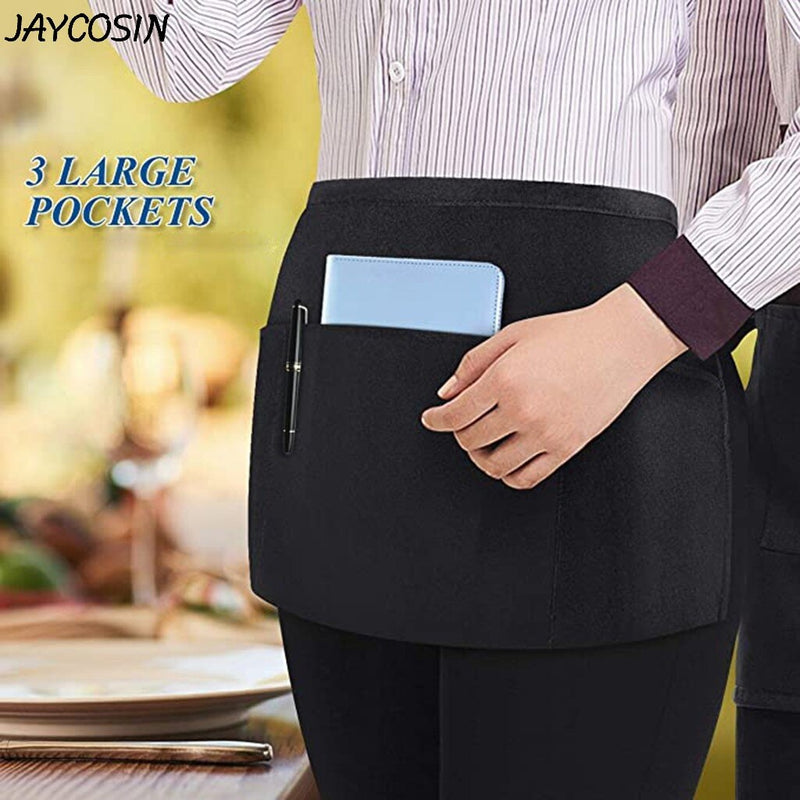 Adult Waterproof Apron 3 Pockets Waterdrop Resistant Waiters Waitress Black Waist Half Apron Chef Apron Kitchen Accessories|Aprons