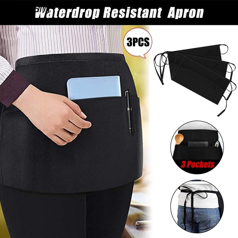 Adult Waterproof Apron 3 Pockets Waterdrop Resistant Waiters Waitress Black Waist Half Apron Chef Apron Kitchen Accessories|Aprons