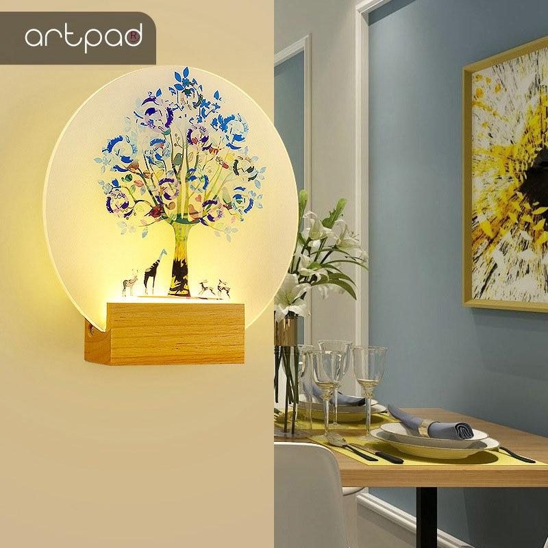 Artpad Modern Creative Indoor Wall Lamp For Bedroom Round Square 8W Bedside Living Room Aisle Warm Lights With Solid Wood Base|LED Indoor Wall Lamps