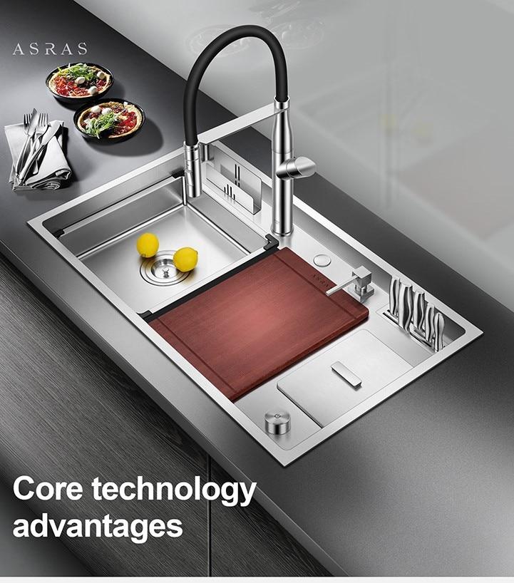 Asras 8649L+3059 SUS304 handmade kitchen sink multipurpose sink work station fine brushed with drainer and kitchen tap free ship|Kitchen Sinks