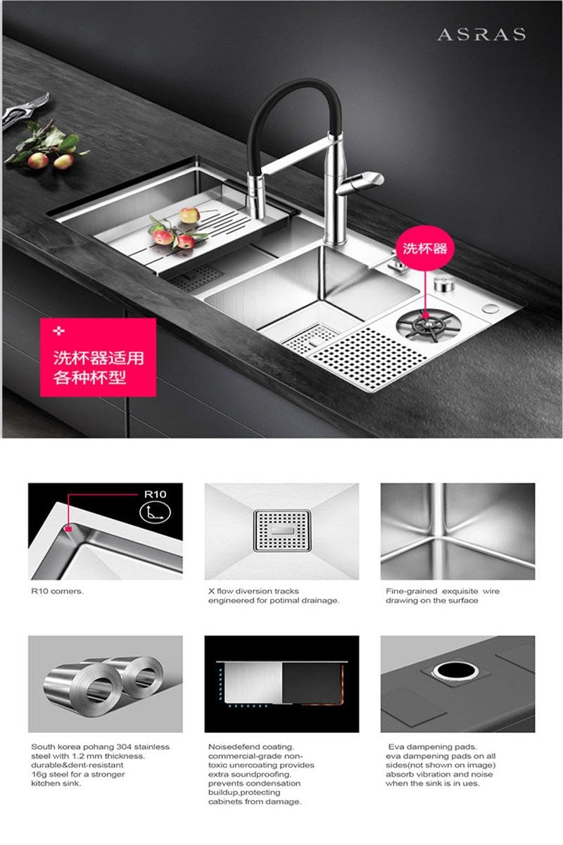 Asras 9045MD SUS304 Handmade kitchen sink cup rinser sink with drainer manufacturer free shipping DHL|Kitchen Sinks