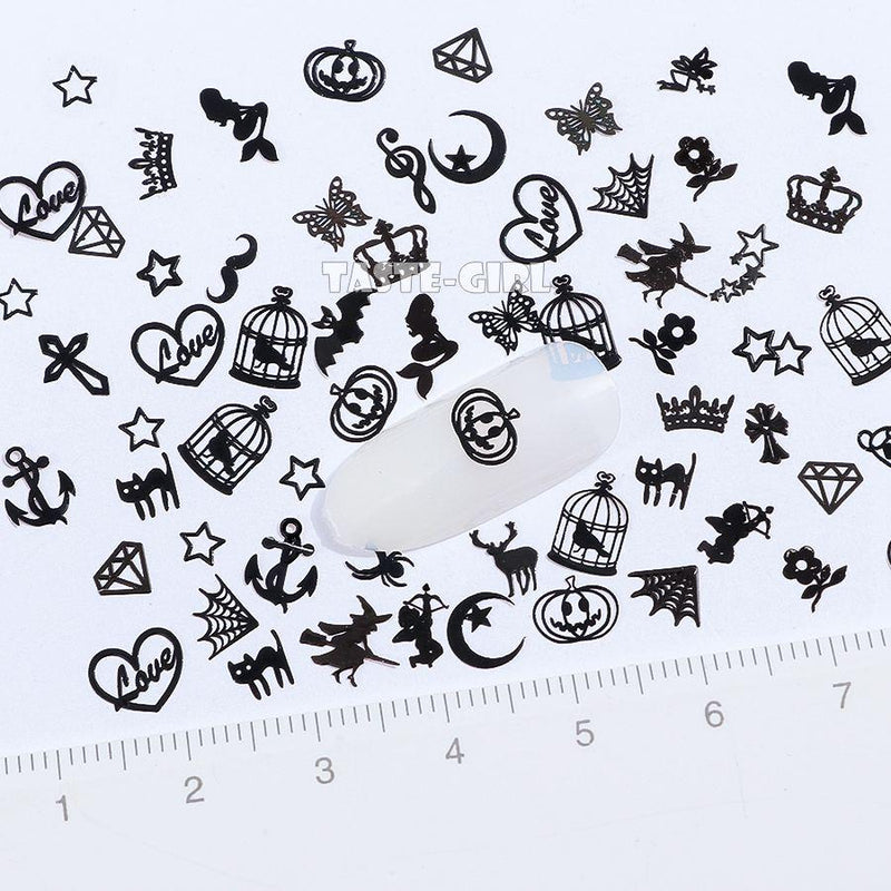 Brone Black Mix Halloween Shape Pumpkin Face Witch Spider Net Black Cat Bat Metallic Nail Art Sequins Decals Gem DIY Wheel|Rhinestones & Decorations