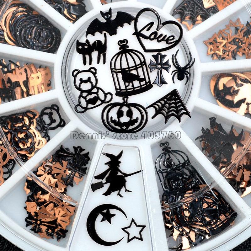 Brone Black Mix Halloween Shape Pumpkin Face Witch Spider Net Black Cat Bat Metallic Nail Art Sequins Decals Gem DIY Wheel|Rhinestones & Decorations