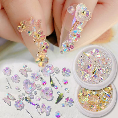 Colorful AB Crystal Flower Butterfly Nail Art Decorations Mix Metal Rivets Pearls Holographic DIY Nails Rhinestones Accessories|Rhinestones & Decorations