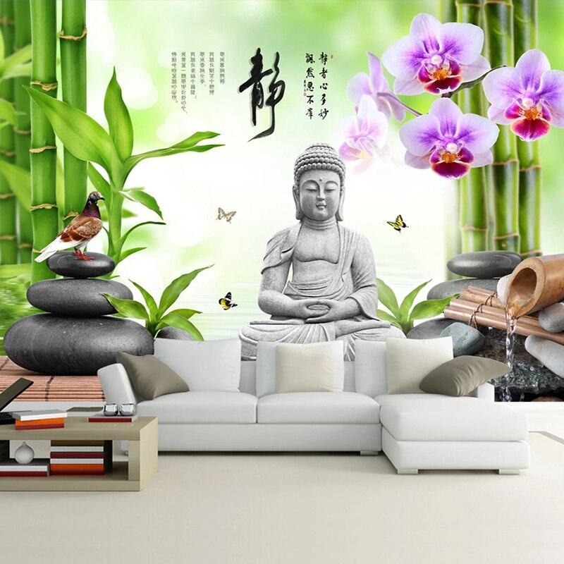 Custom 3D Mural Wallpaper Buddha Statue Green Bamboo Cobblestone Dove Flower Butterfly 3D Photo Wall Painting Living Room Sofa|Wallpapers