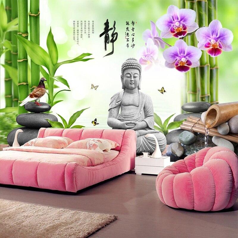 Custom 3D Mural Wallpaper Buddha Statue Green Bamboo Cobblestone Dove Flower Butterfly 3D Photo Wall Painting Living Room Sofa|Wallpapers