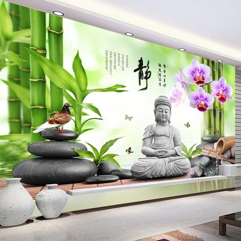 Custom 3D Mural Wallpaper Buddha Statue Green Bamboo Cobblestone Dove Flower Butterfly 3D Photo Wall Painting Living Room Sofa|Wallpapers