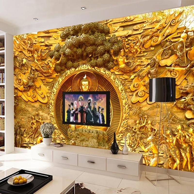 Custom 3D Stereoscopic Golden Buddha Statue Buddhist Temple Mural Wall Painting Living Room Restaurant Backdrop Photo Wallpaper|Wallpapers