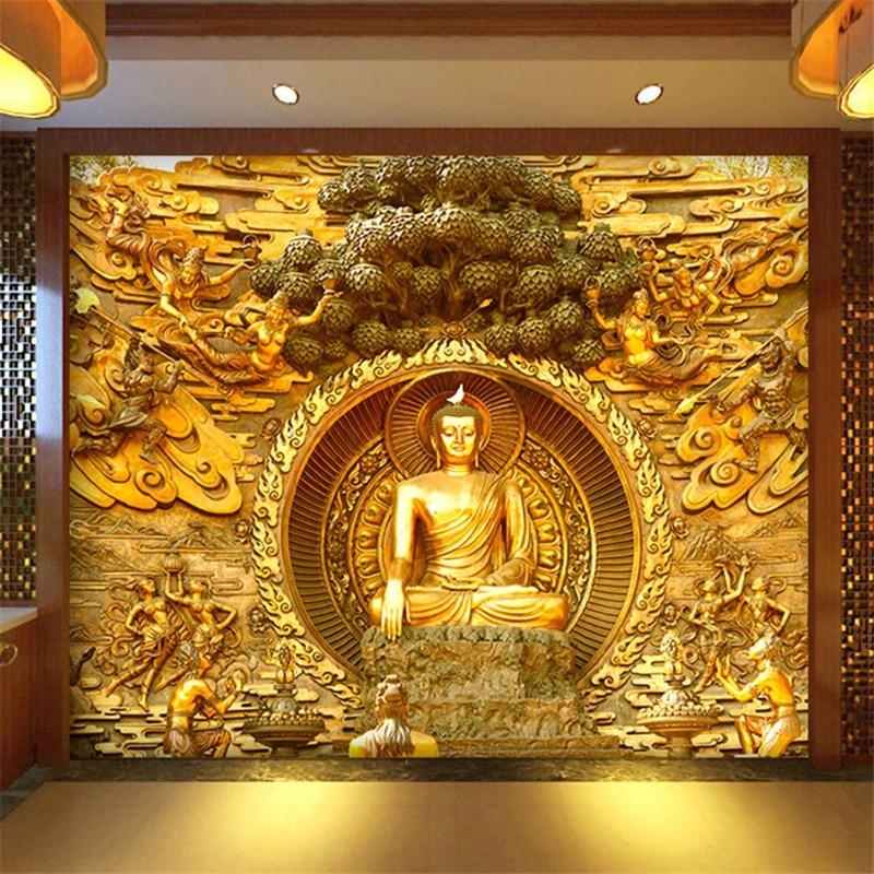 Custom 3D Stereoscopic Golden Buddha Statue Buddhist Temple Mural Wall Painting Living Room Restaurant Backdrop Photo Wallpaper|Wallpapers