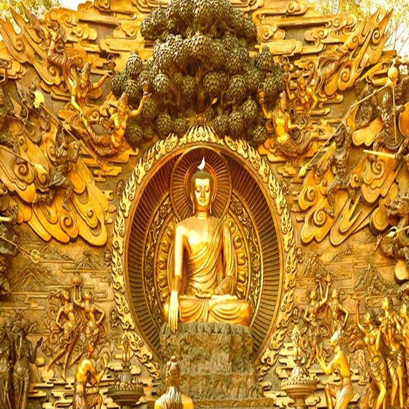 Custom 3D Stereoscopic Golden Buddha Statue Buddhist Temple Mural Wall Painting Living Room Restaurant Backdrop Photo Wallpaper|Wallpapers