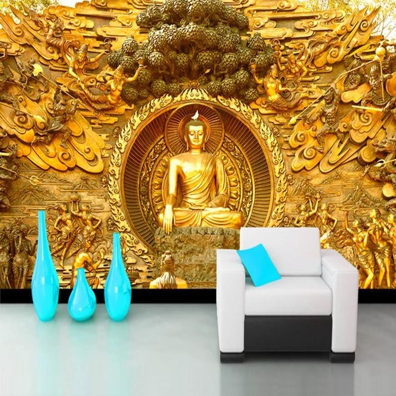 Custom 3D Stereoscopic Golden Buddha Statue Buddhist Temple Mural Wall Painting Living Room Restaurant Backdrop Photo Wallpaper|Wallpapers