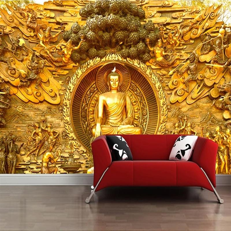 Custom 3D Stereoscopic Golden Buddha Statue Buddhist Temple Mural Wall Painting Living Room Restaurant Backdrop Photo Wallpaper|Wallpapers