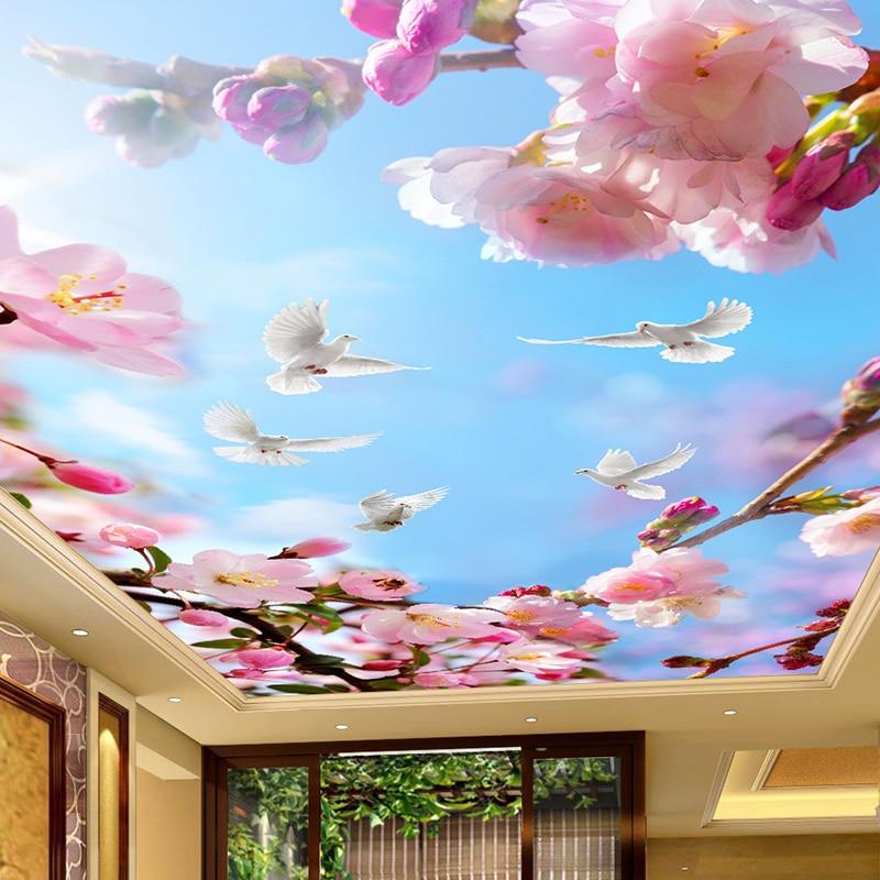 Custom 3D Wall Mural Beautiful Flowers Pigeons Blue Sky Suspended Ceiling Wallpaper Sitting Room Modern Home Decor Wall Papers|wall paper|decorative wall paperceiling wallpaper