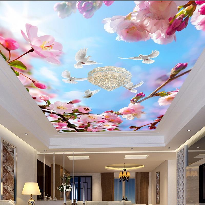 Custom 3D Wall Mural Beautiful Flowers Pigeons Blue Sky Suspended Ceiling Wallpaper Sitting Room Modern Home Decor Wall Papers|wall paper|decorative wall paperceiling wallpaper