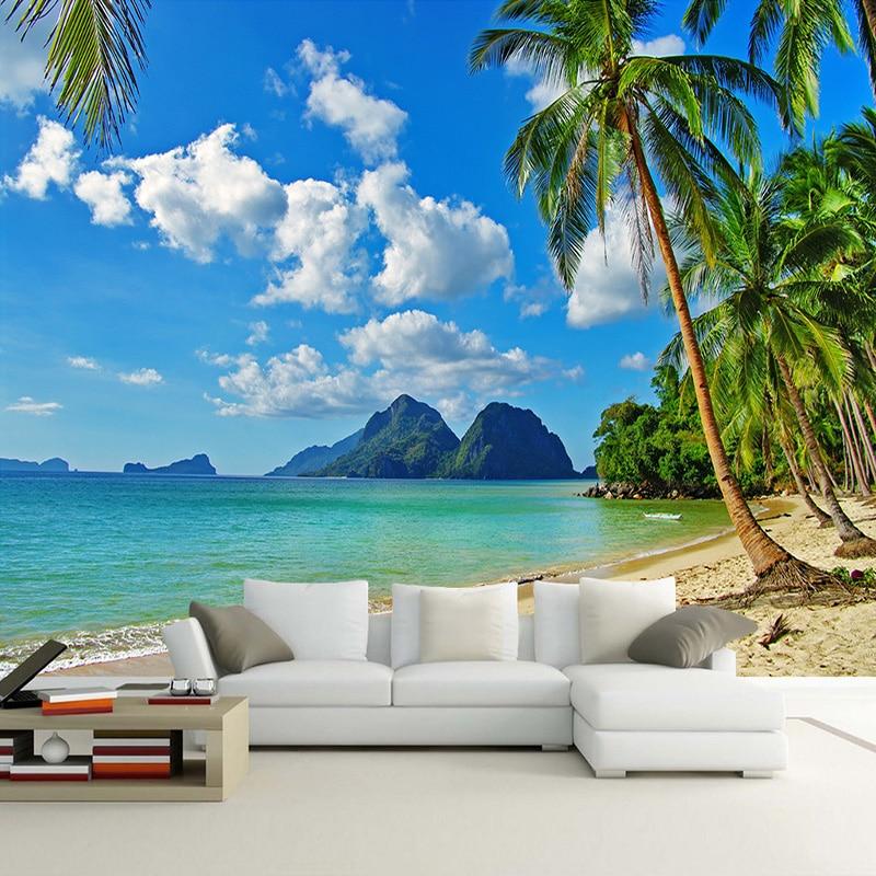 Custom 3D Wallpaper Murals Blue Sky White Clouds Sea Island Beach Coconut Tree Landscape Photo Mural Living Room Bedroom Decor|Wallpapers