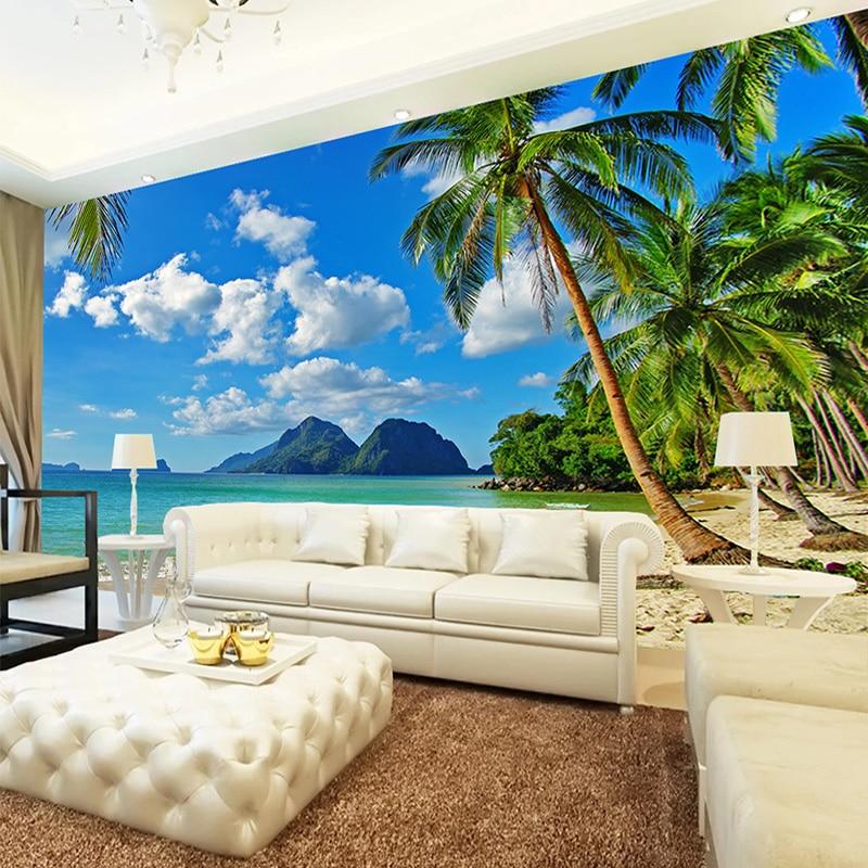 Custom 3D Wallpaper Murals Blue Sky White Clouds Sea Island Beach Coconut Tree Landscape Photo Mural Living Room Bedroom Decor|Wallpapers