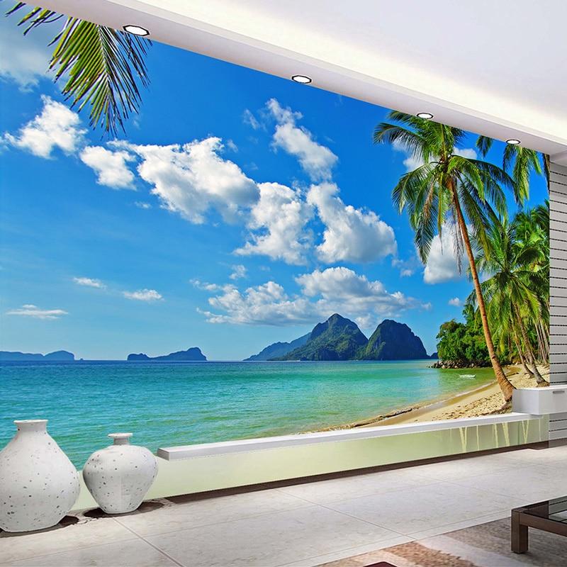 Custom 3D Wallpaper Murals Blue Sky White Clouds Sea Island Beach Coconut Tree Landscape Photo Mural Living Room Bedroom Decor|Wallpapers