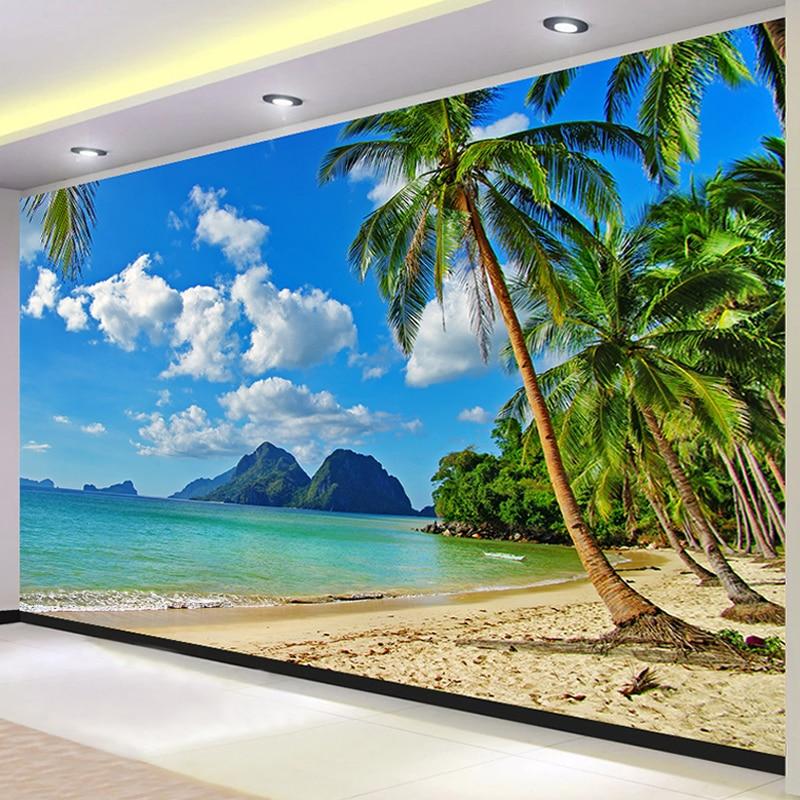 Custom 3D Wallpaper Murals Blue Sky White Clouds Sea Island Beach Coconut Tree Landscape Photo Mural Living Room Bedroom Decor|Wallpapers