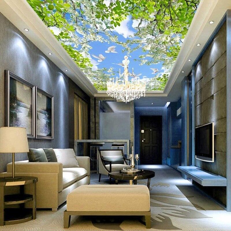 Custom Wallpaper Murals 3D Blue Sky White Clouds Pigeon Flowers Green Leaves Living Room Bedroom Ceiling Fresco Mural Wall Paper|wall paper|mural wall paperceiling fresco