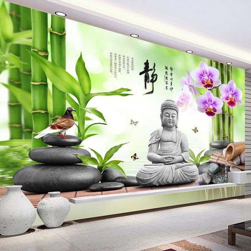 Dropship Custom 3D Mural Wallpaper Buddha Statue Green Bamboo Cobblestone Dove Flower Photo Wall Mural Living Bedroom Wallpaper|Wallpapers