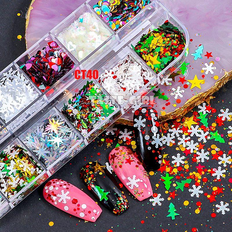 Mix Christmas Snowflake Xmas Tree Starlights Holo Nail Glitter Sequins Nail Art Slice Stickers Decoration 12 Grids/Box Or 1 Jar|Rhinestones & Decorations