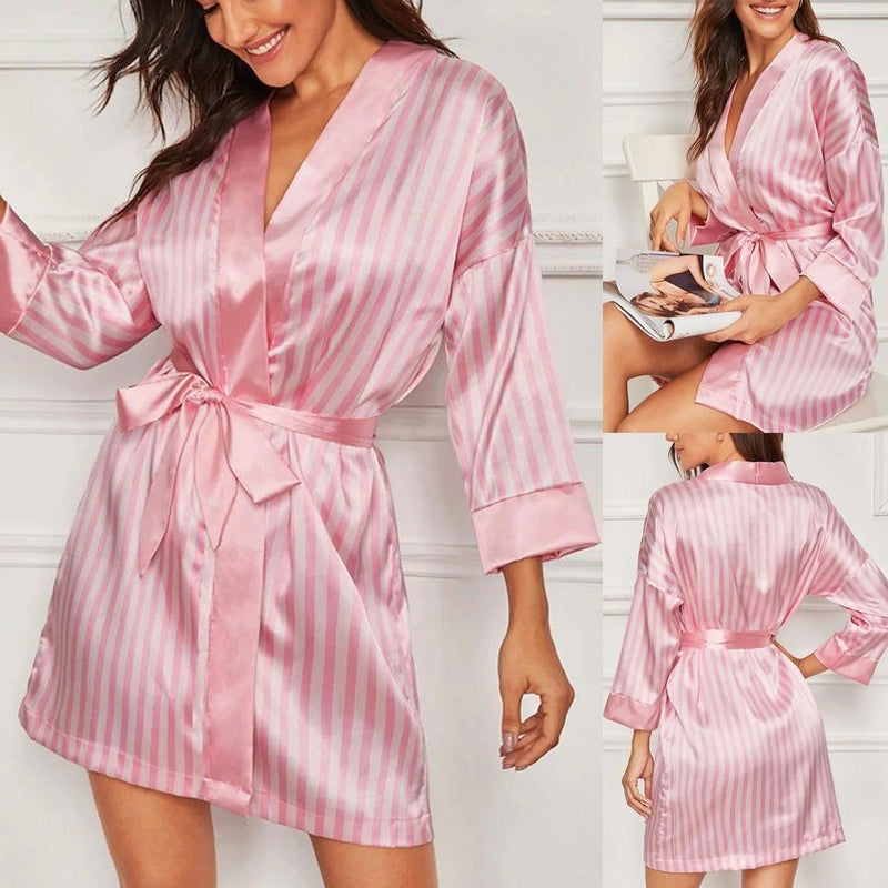 Plus Size Sexy Lingerie Women Silk Striped Long Sleeve Robe Satin Bathrobe Wedding Bride Sleepwear Pajamas Dressing Gown