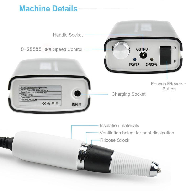 Portable Rechargeable Nail Drill Machine 36W 35000RPM Manicure Machine Electric Nail File Nail Art Tools Set for Nail Drill bits|Electric Manicure Drills