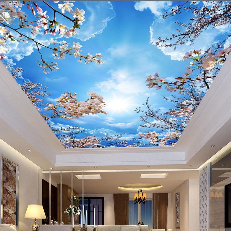 Romantic Blue Sky White Clouds Cherry Blossoms Photo Wallpaper 3D Ceiling Mural Living Room Theme Hotel Pastoral Decor Wallpaper|photo wallpaper 3d|photo wallpaperwallpaper 3d