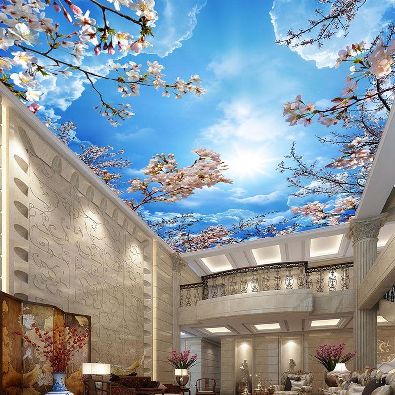 Romantic Blue Sky White Clouds Cherry Blossoms Photo Wallpaper 3D Ceiling Mural Living Room Theme Hotel Pastoral Decor Wallpaper|photo wallpaper 3d|photo wallpaperwallpaper 3d