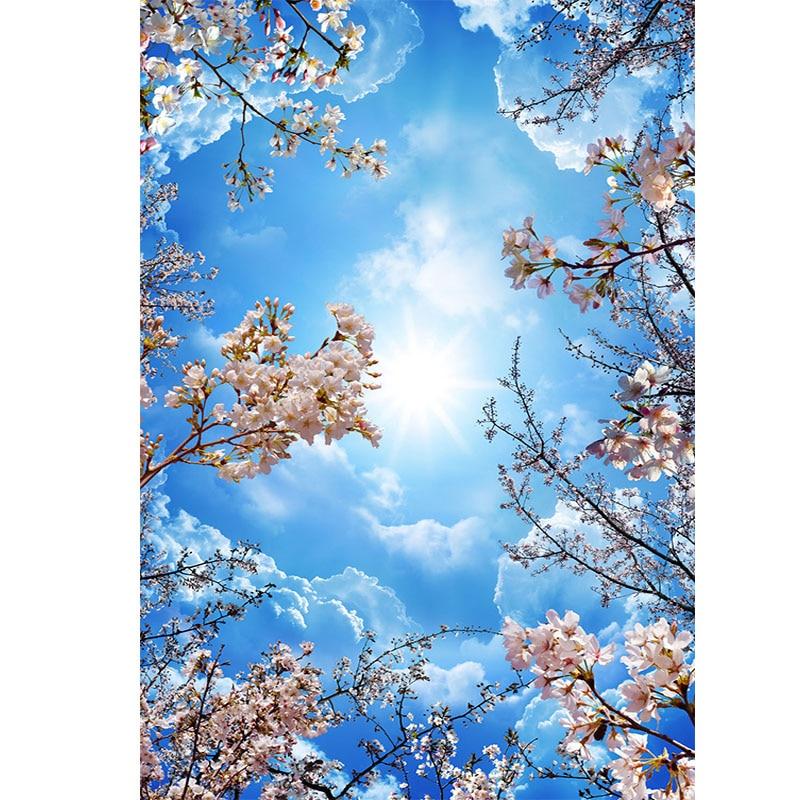 Romantic Blue Sky White Clouds Cherry Blossoms Photo Wallpaper 3D Ceiling Mural Living Room Theme Hotel Pastoral Decor Wallpaper|photo wallpaper 3d|photo wallpaperwallpaper 3d